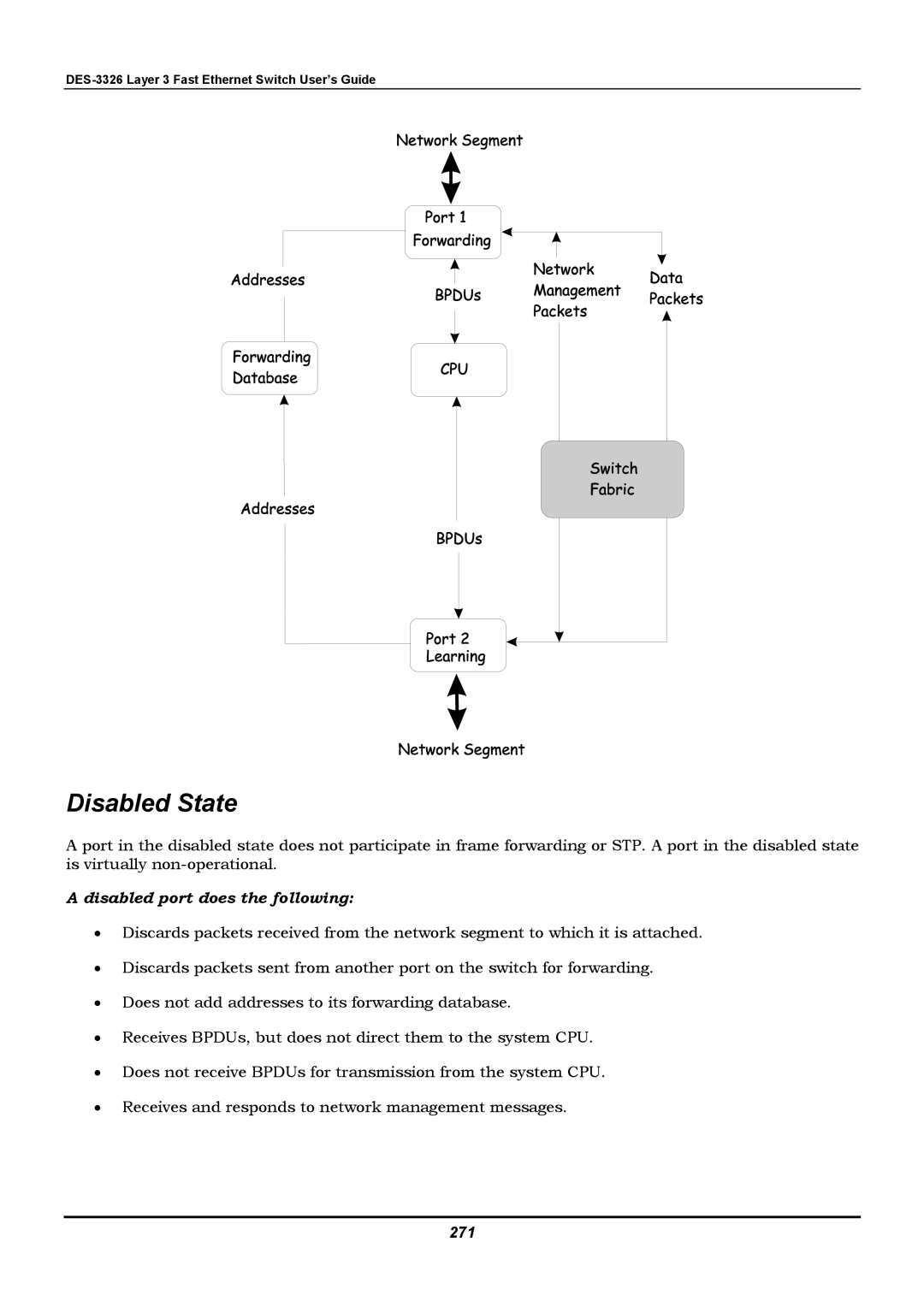 D-Link DES-3326 manual Disabled State, Disabled port does the following, 271 