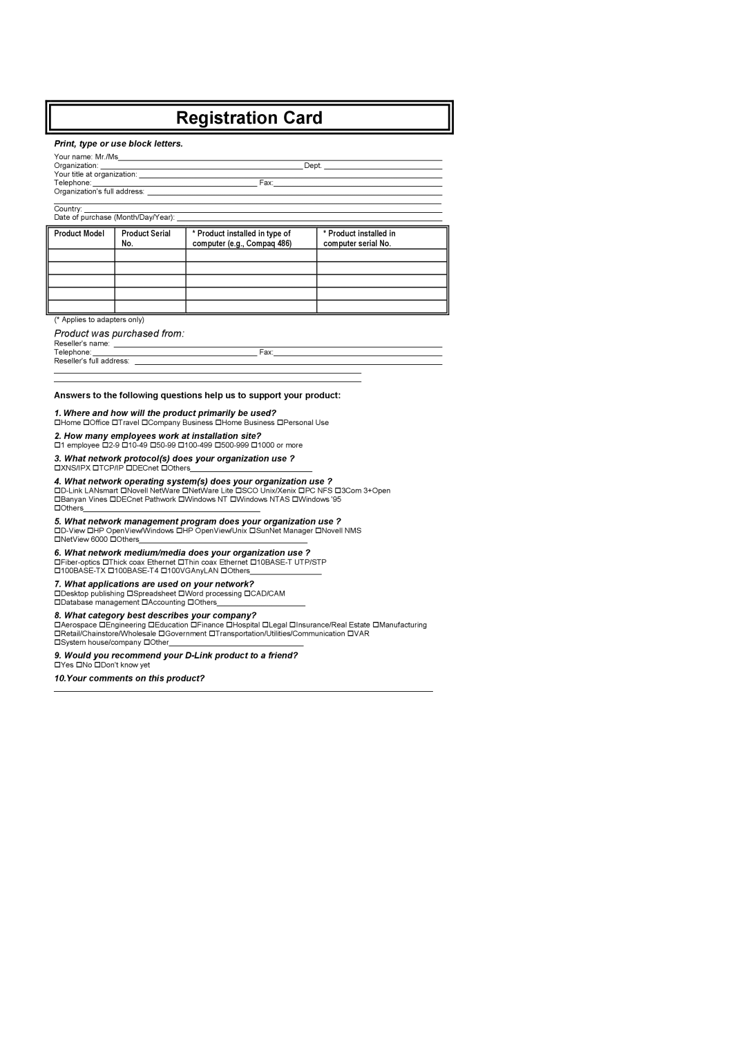 D-Link DES-3326 manual Registration Card 