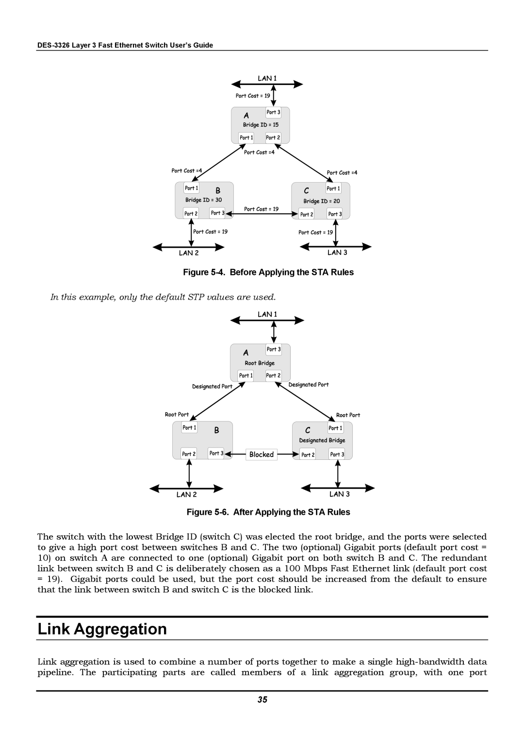 D-Link DES-3326 manual Link Aggregation, This example, only the default STP values are used 