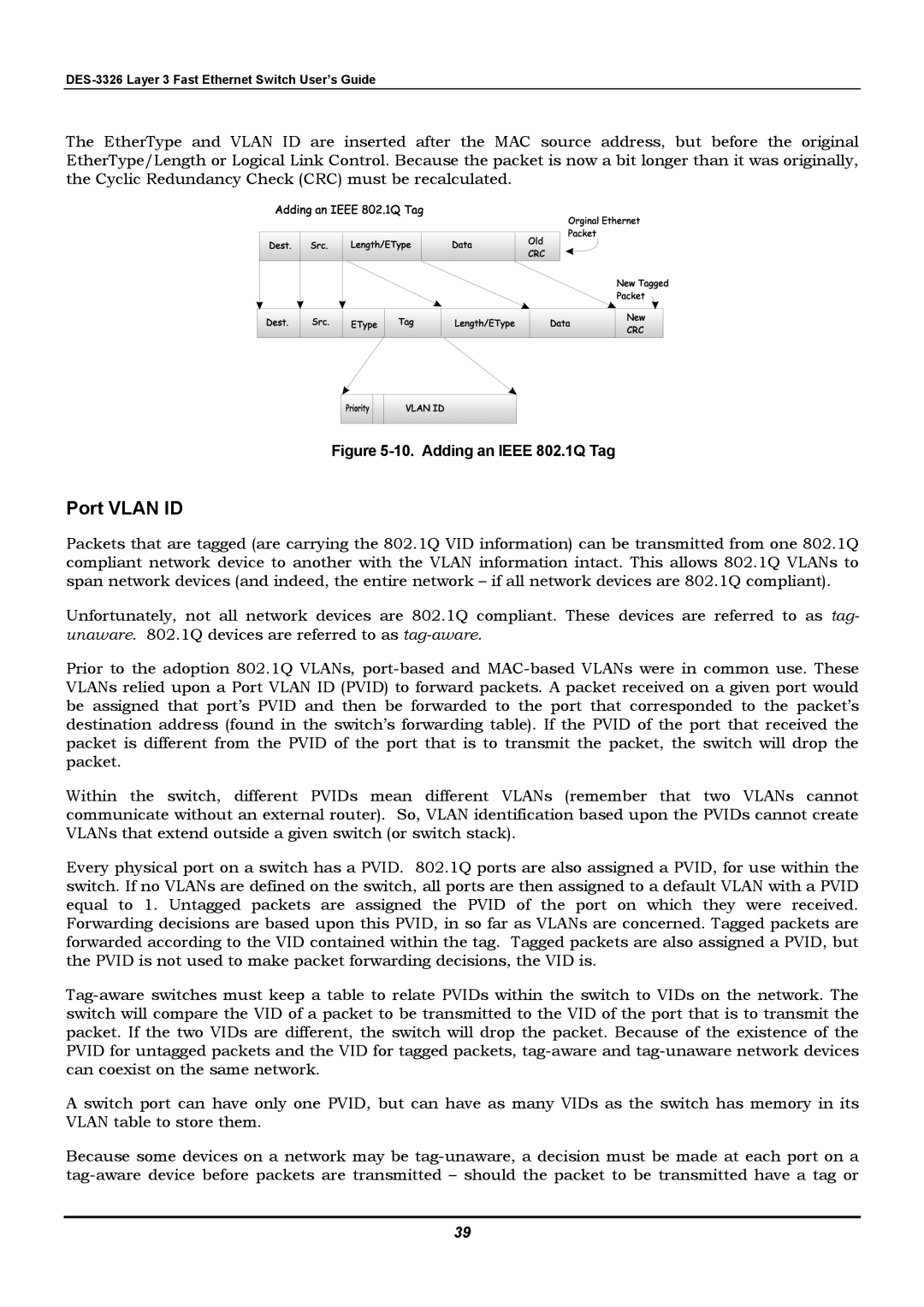 D-Link DES-3326 manual Port Vlan ID, Adding an Ieee 802.1Q Tag 