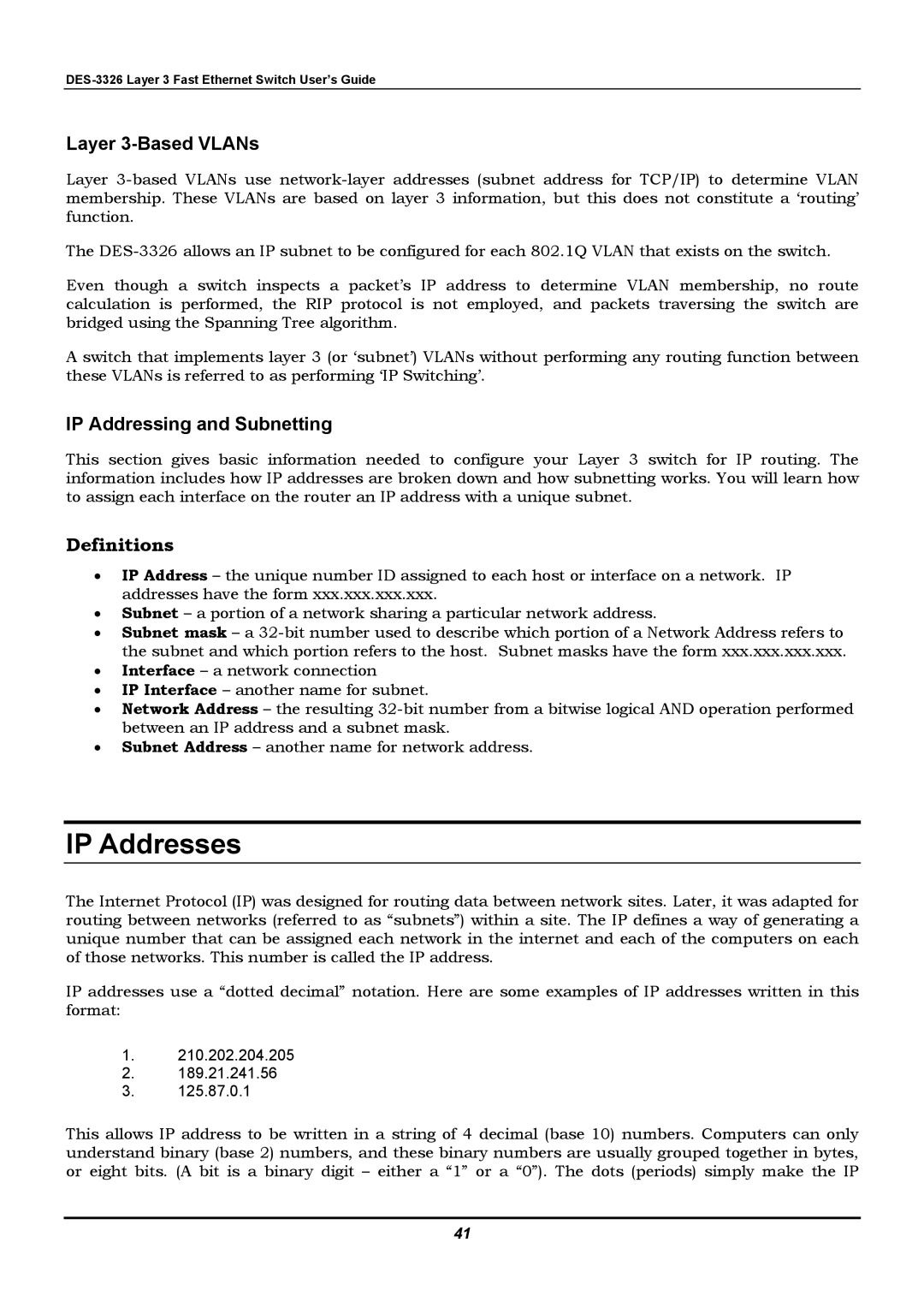 D-Link DES-3326 manual IP Addresses, Layer 3-Based VLANs, IP Addressing and Subnetting 