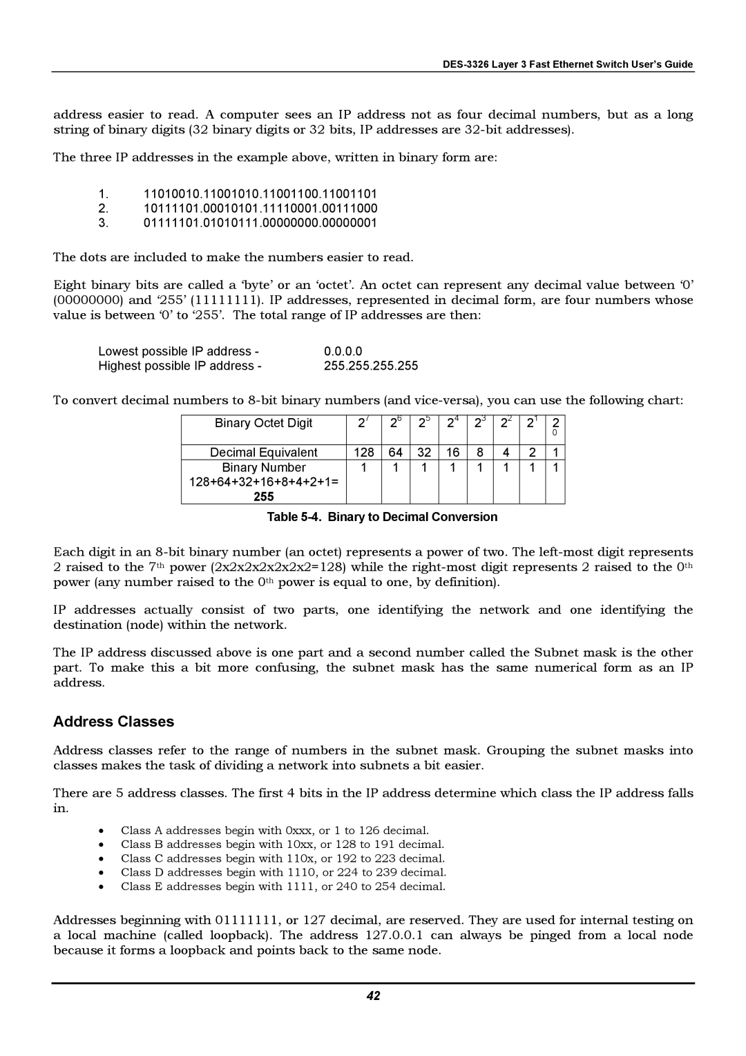 D-Link DES-3326 manual Address Classes, 255 