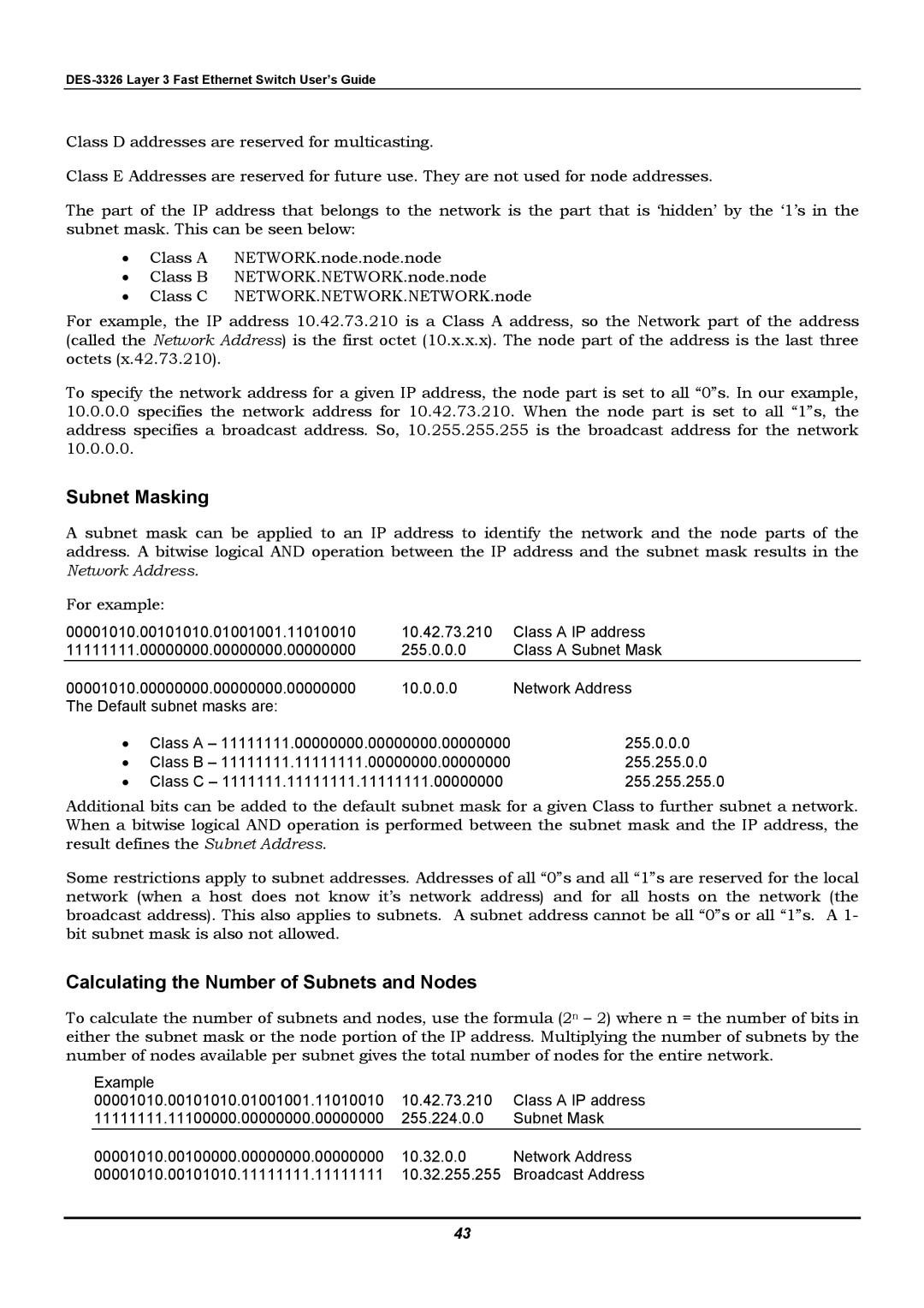 D-Link DES-3326 manual Subnet Masking, Calculating the Number of Subnets and Nodes 