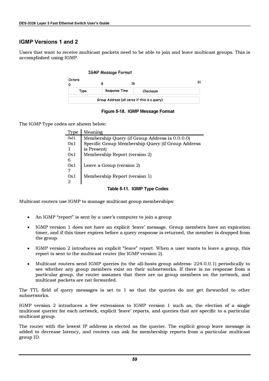 D-Link DES-3326 manual Igmp Versions 1, Igmp Type Codes 