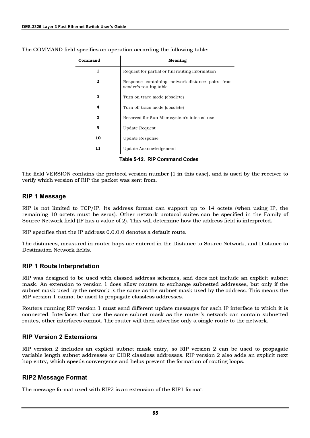 D-Link DES-3326 manual RIP 1 Message, RIP 1 Route Interpretation, RIP Version 2 Extensions, RIP2 Message Format 