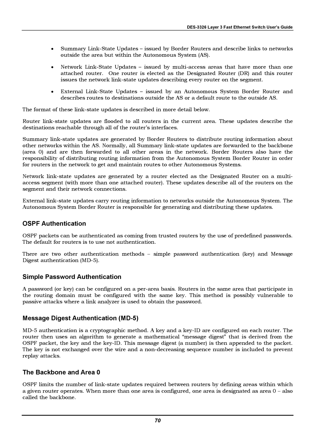 D-Link DES-3326 Ospf Authentication, Simple Password Authentication, Message Digest Authentication MD-5, Backbone and Area 