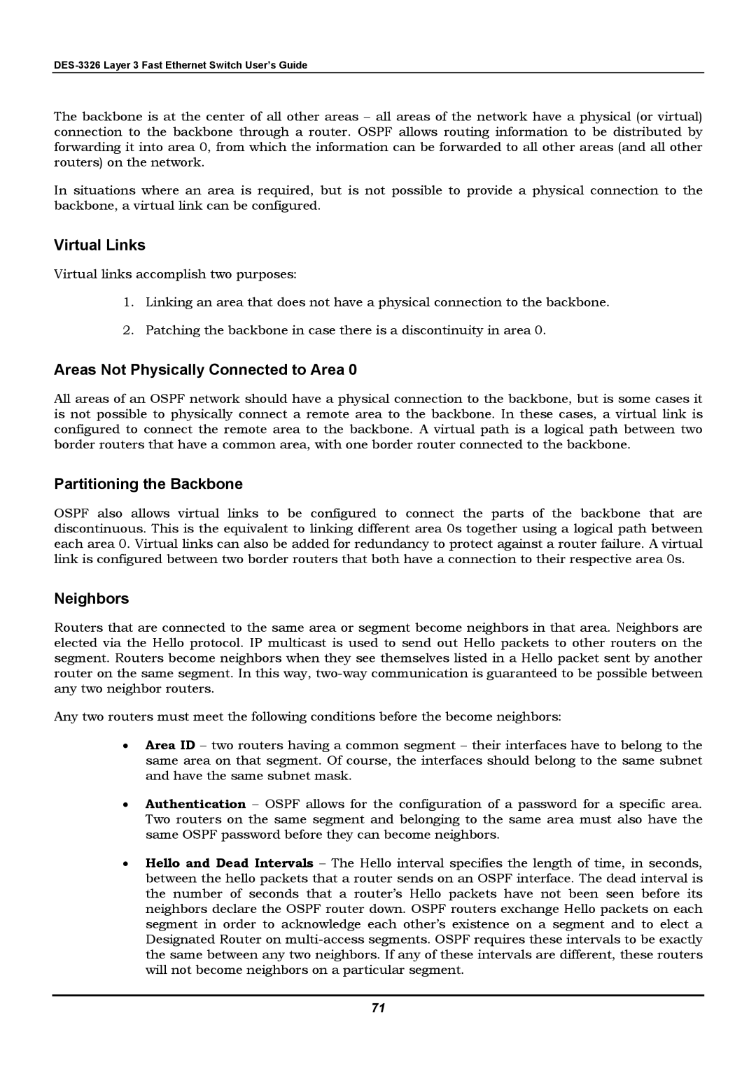 D-Link DES-3326 manual Virtual Links, Areas Not Physically Connected to Area, Partitioning the Backbone, Neighbors 