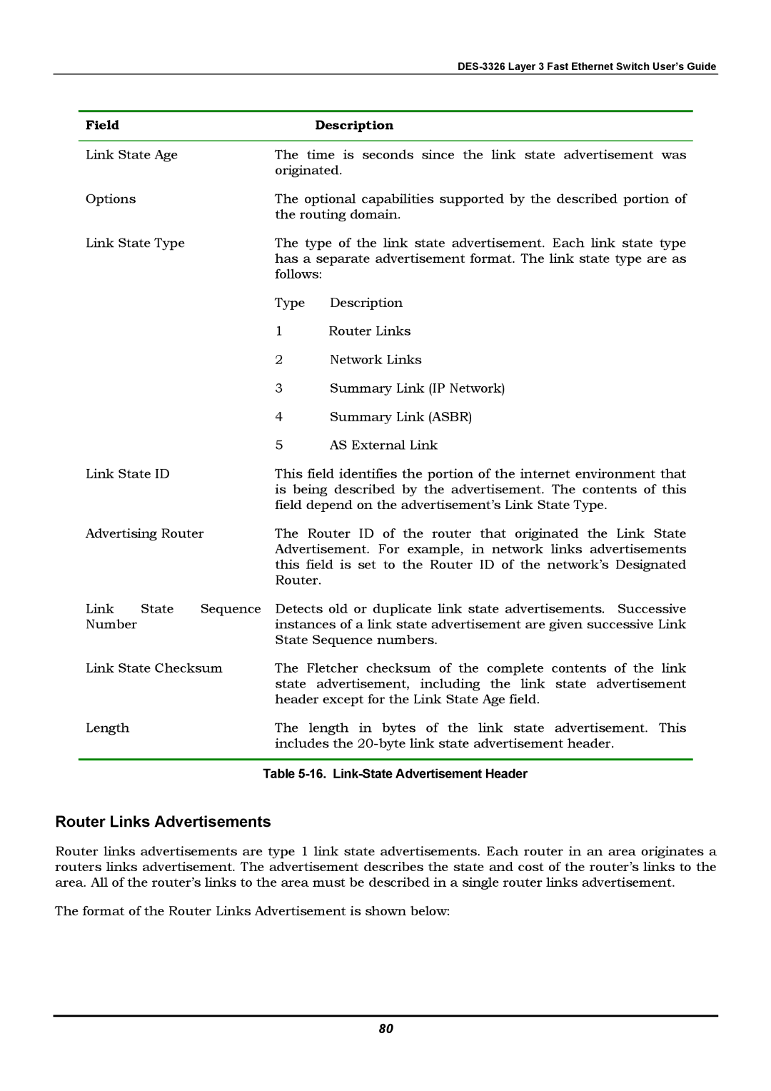 D-Link DES-3326 manual Router Links Advertisements, Field Description 