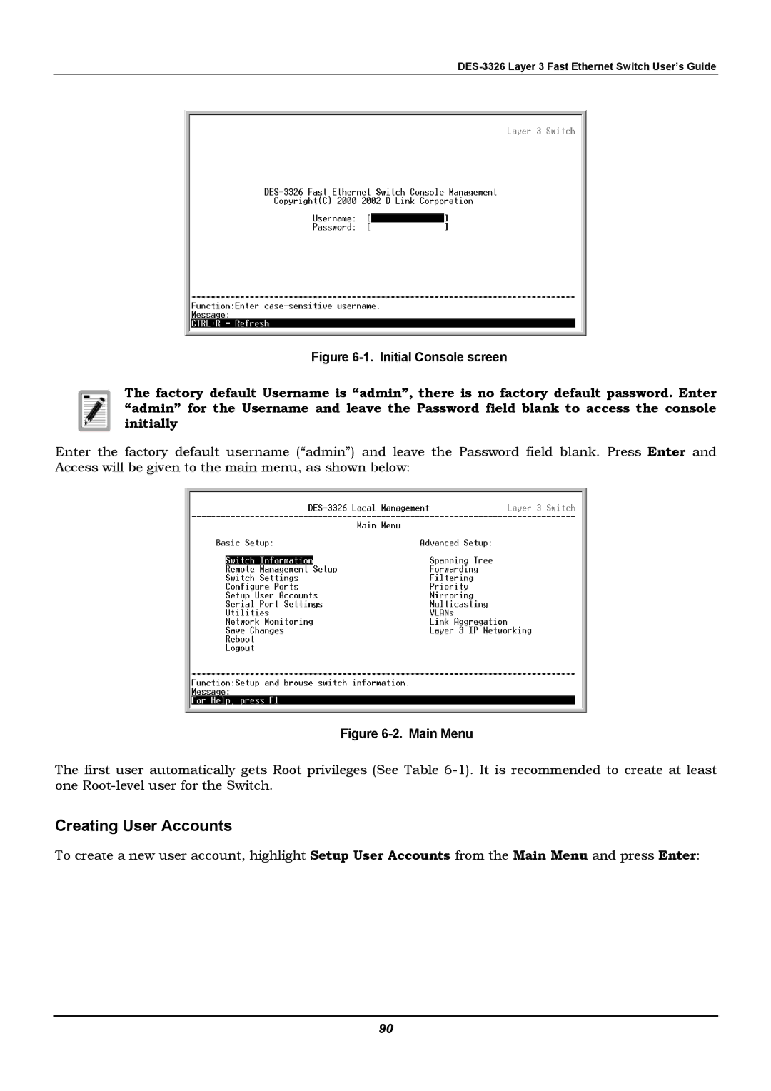 D-Link DES-3326 manual Creating User Accounts, Initial Console screen 