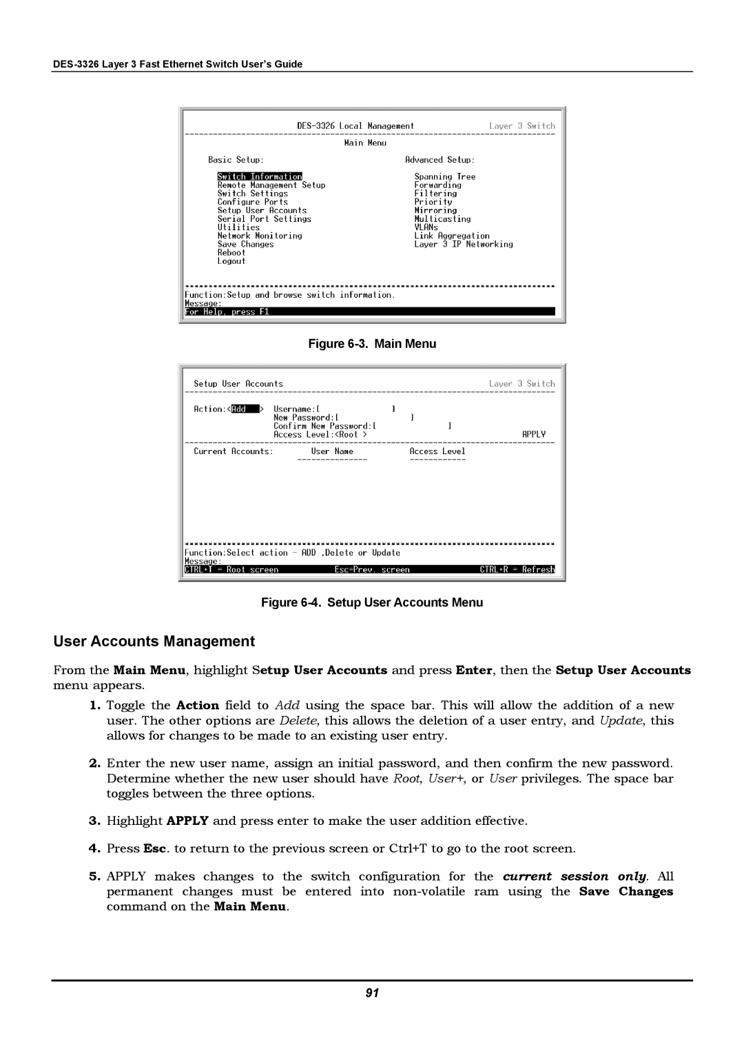 D-Link DES-3326 manual User Accounts Management, Setup User Accounts Menu 