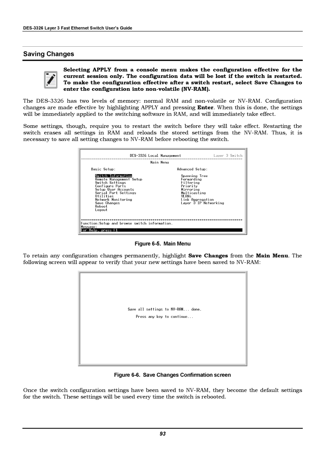 D-Link DES-3326 manual Saving Changes, Save Changes Confirmation screen 