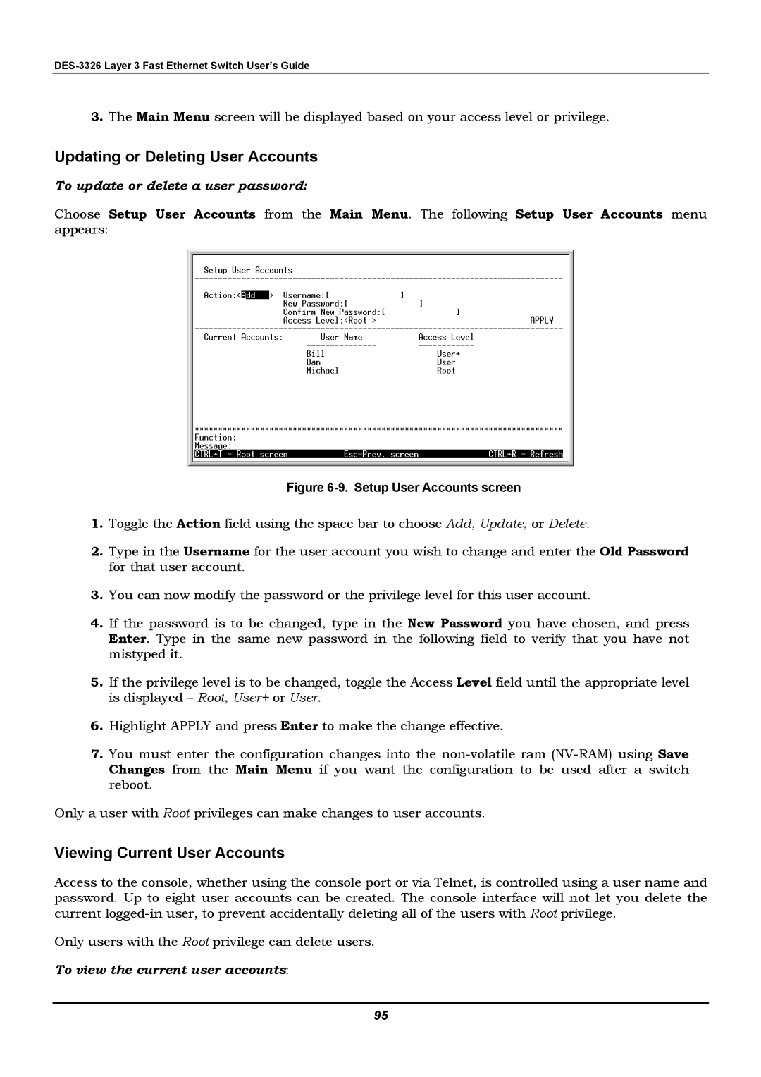 D-Link DES-3326 Updating or Deleting User Accounts, Viewing Current User Accounts, To update or delete a user password 