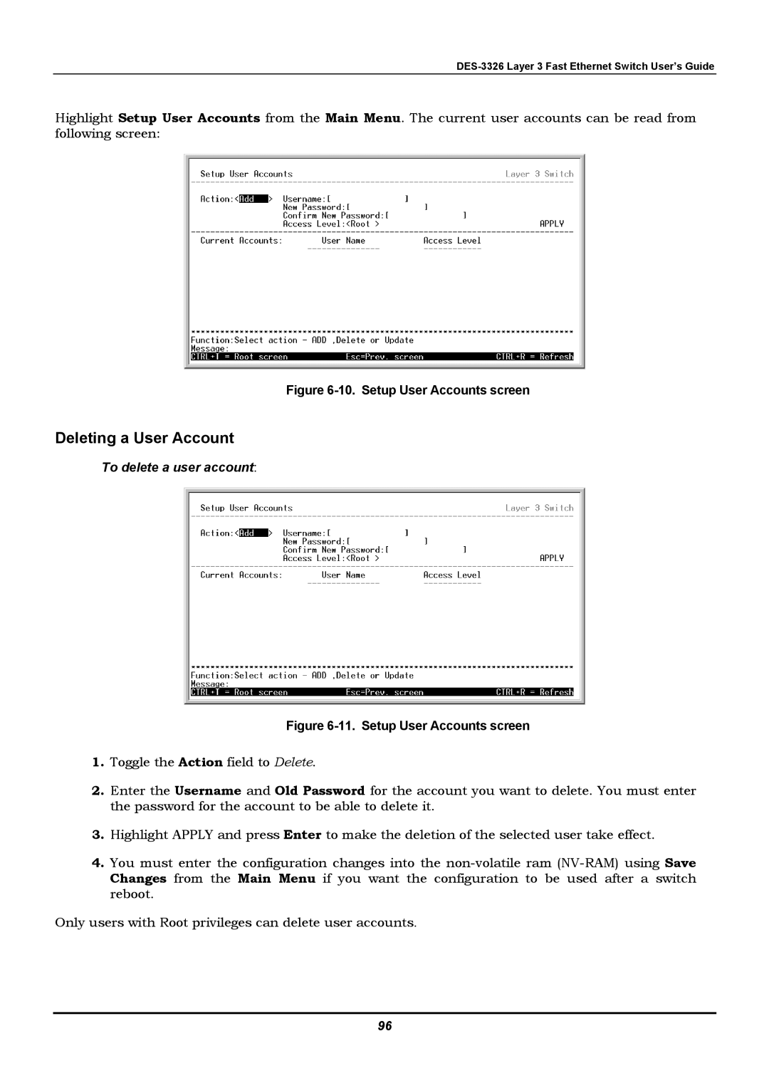 D-Link DES-3326 manual Deleting a User Account, To delete a user account 