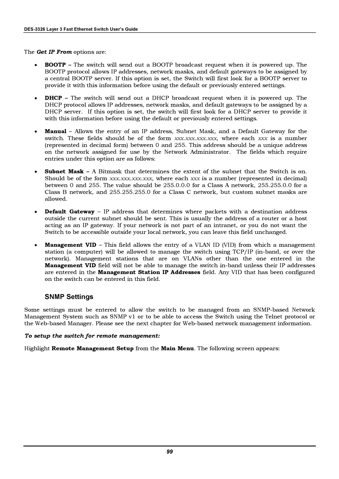 D-Link DES-3326 manual Snmp Settings, To setup the switch for remote management 