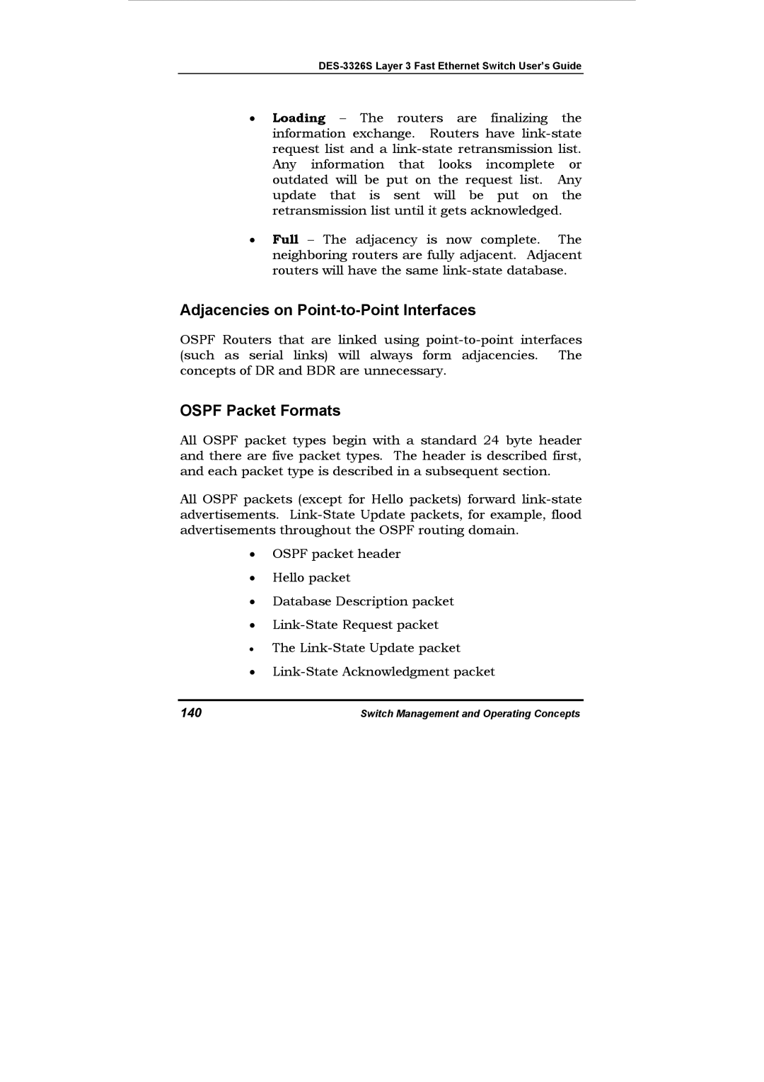 D-Link DES-3326S manual Adjacencies on Point-to-Point Interfaces, Ospf Packet Formats, 140 