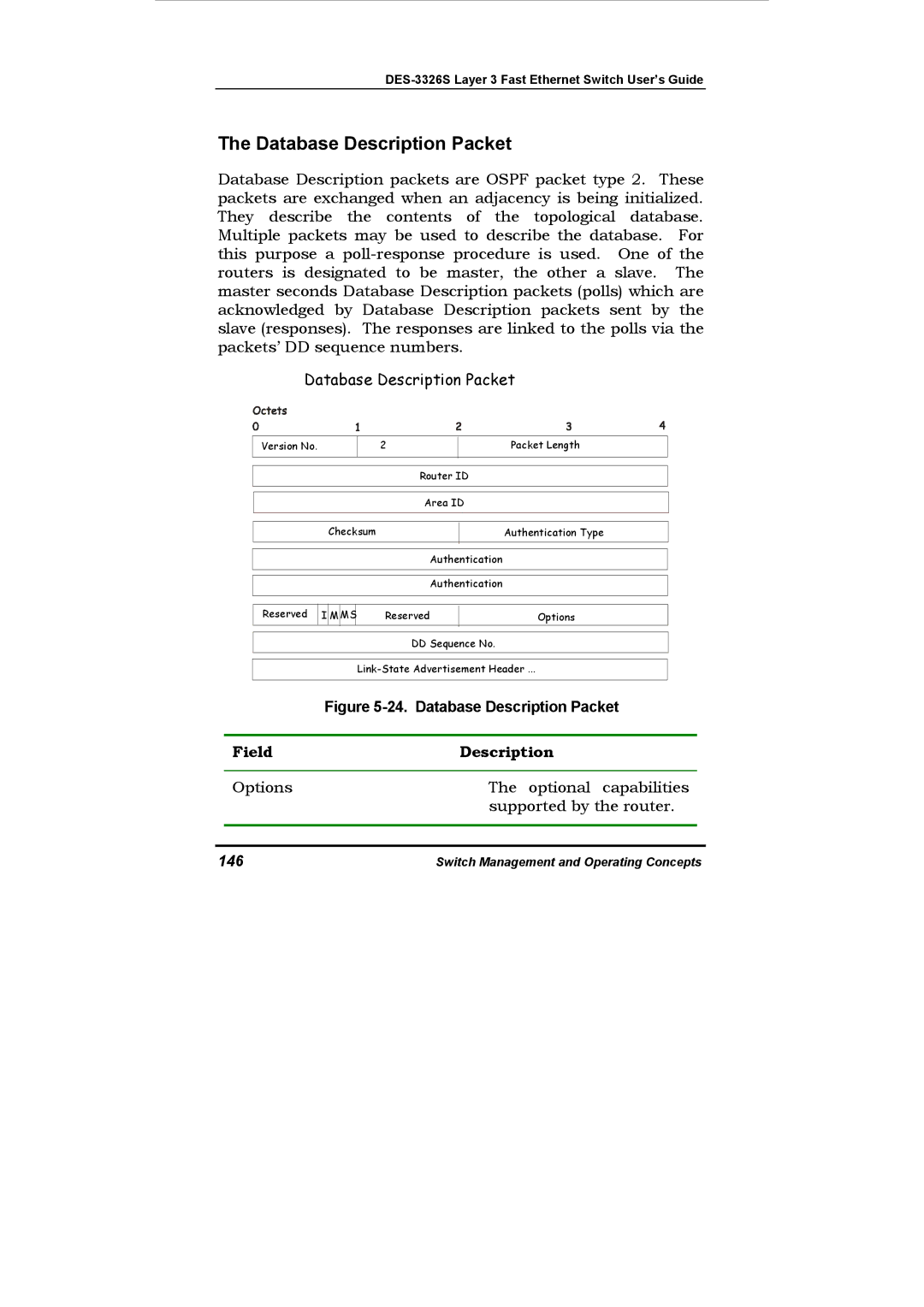 D-Link DES-3326S manual Database Description Packet, 146 