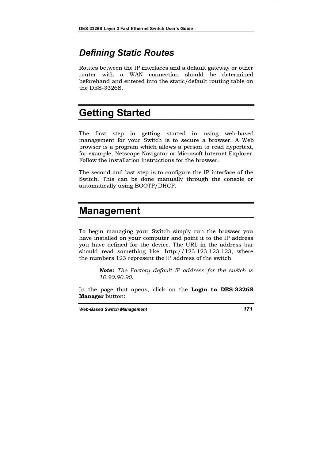 D-Link DES-3326S manual Getting Started, Management, Defining Static Routes, 171 