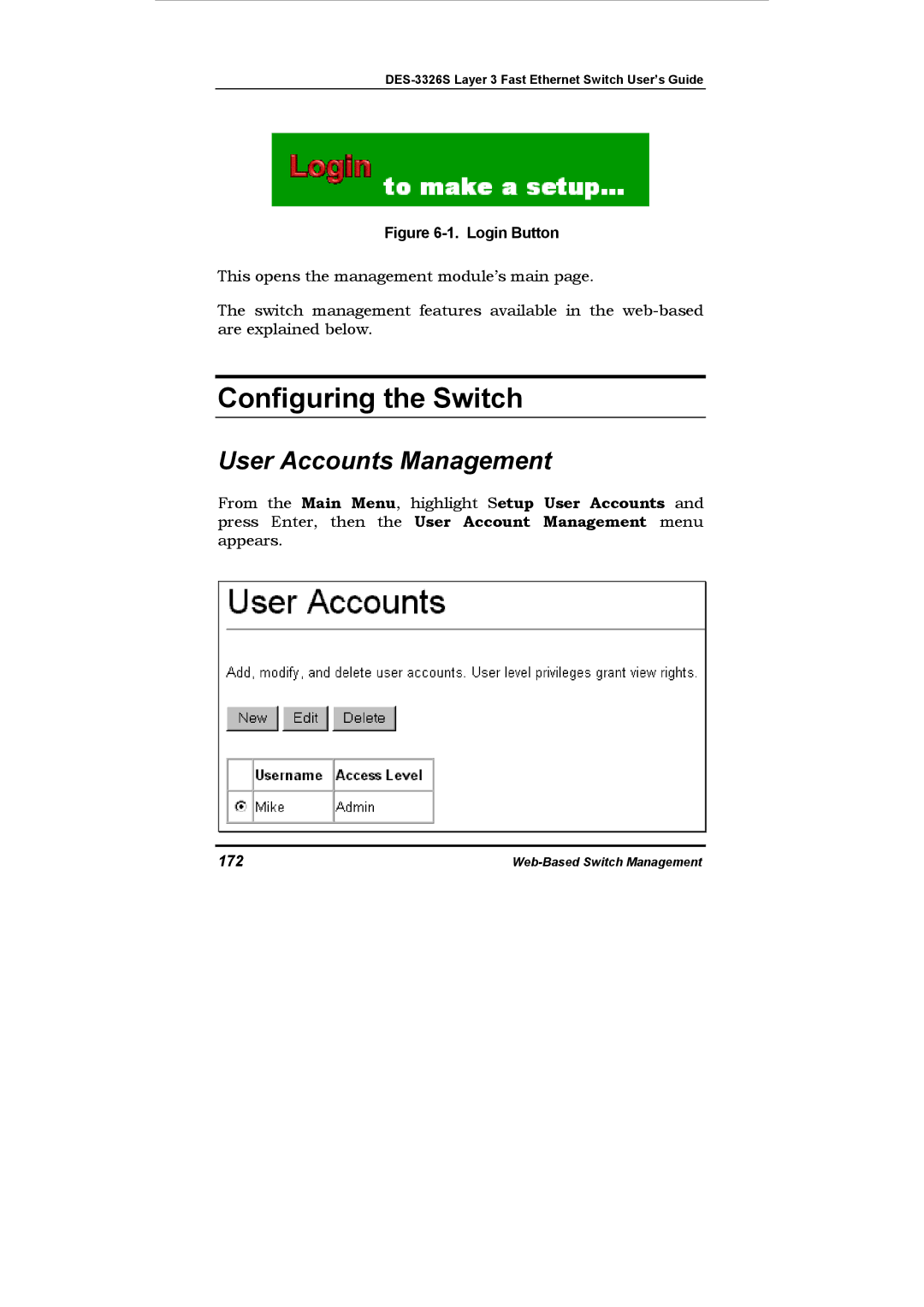 D-Link DES-3326S manual Configuring the Switch, User Accounts Management, 172 