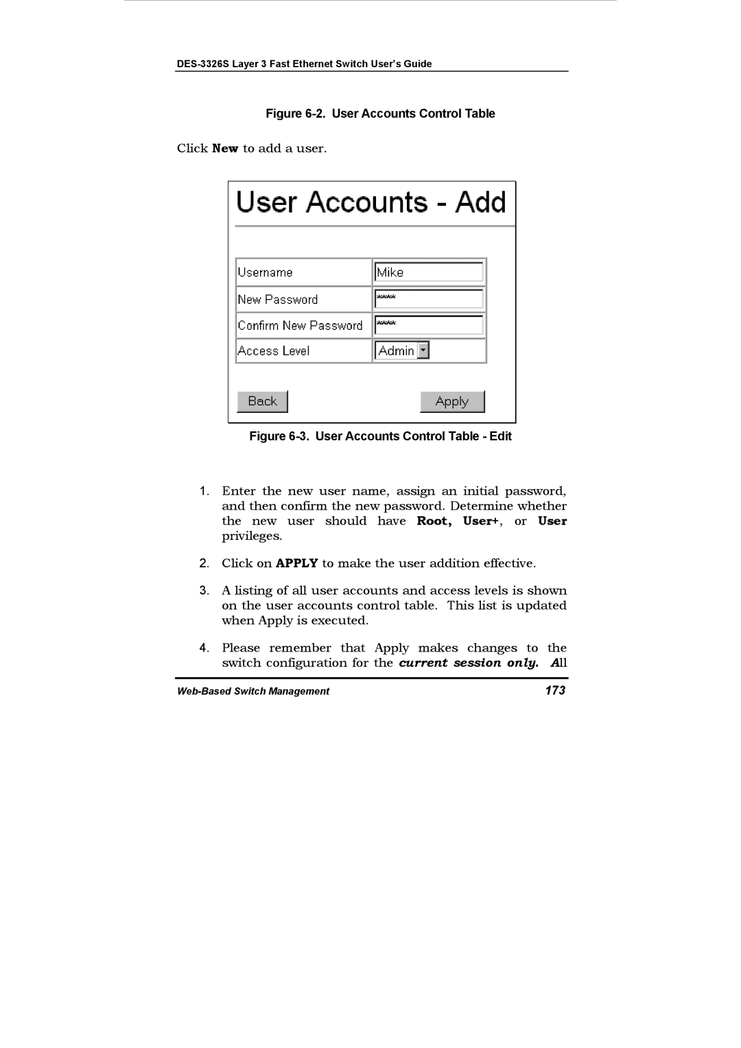 D-Link DES-3326S manual User Accounts Control Table, 173 