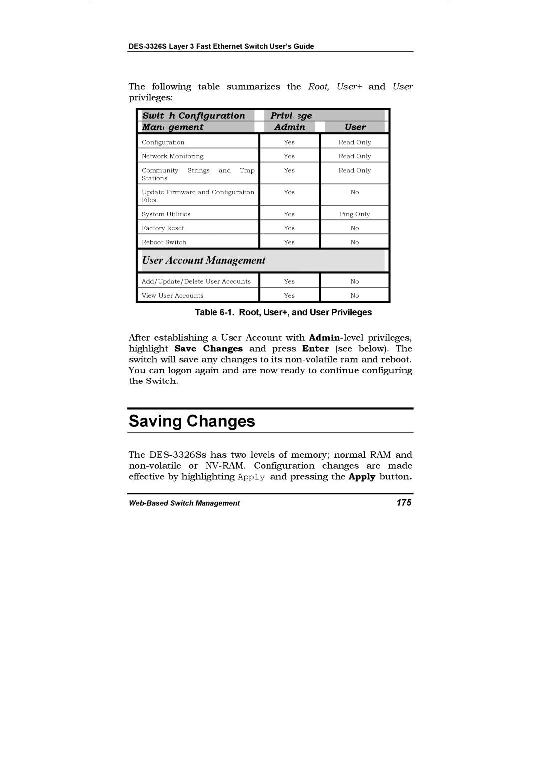 D-Link DES-3326S manual Saving Changes, Configuration Mana Gement Admin User, 175 