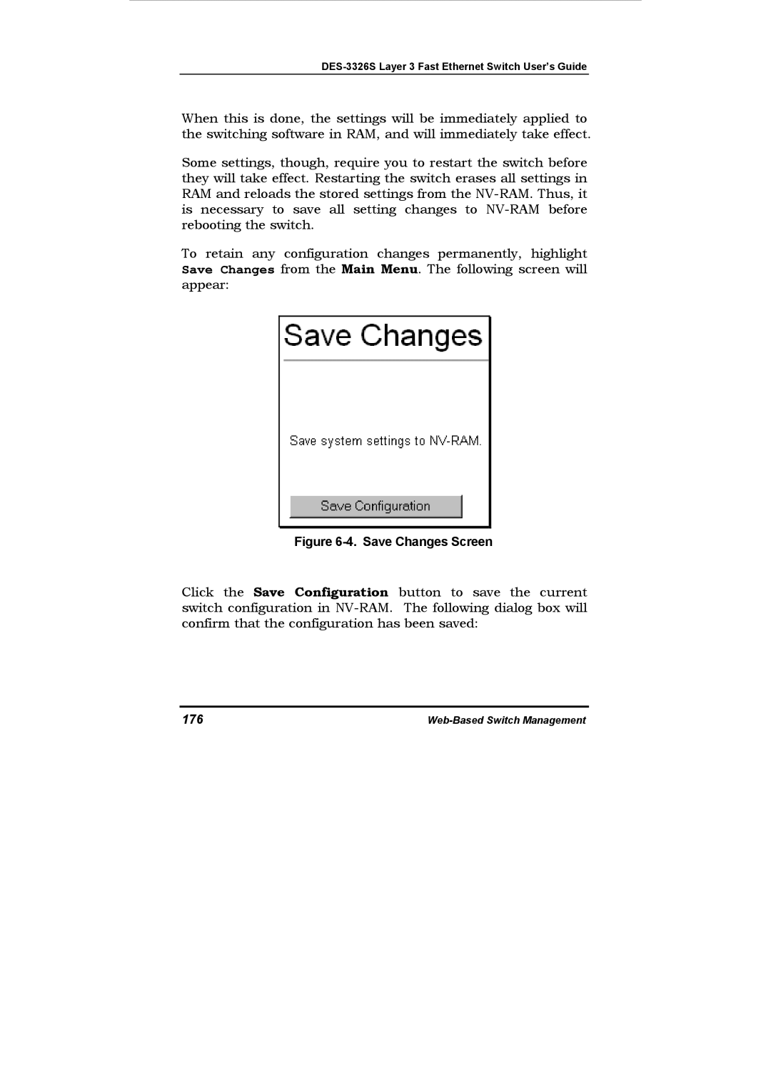 D-Link DES-3326S manual Save Changes Screen, 176 