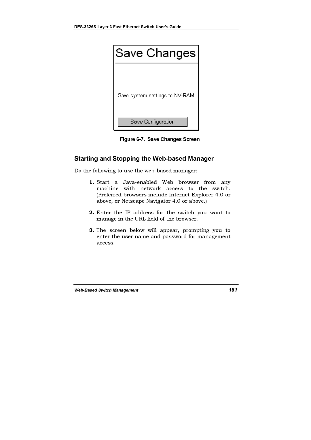 D-Link DES-3326S manual Starting and Stopping the Web-based Manager, 181 