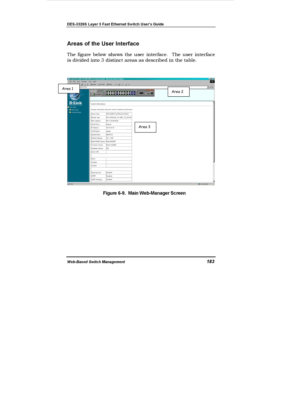 D-Link DES-3326S manual Areas of the User Interface, 183 