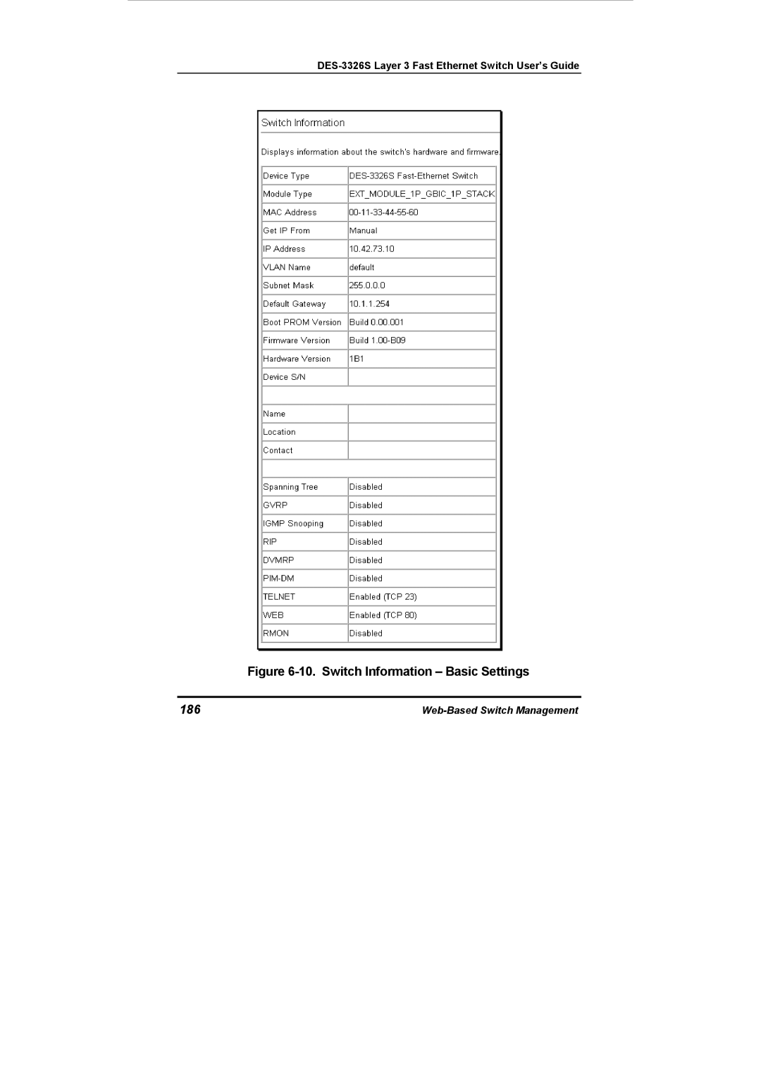 D-Link DES-3326S manual Switch Information Basic Settings, 186 