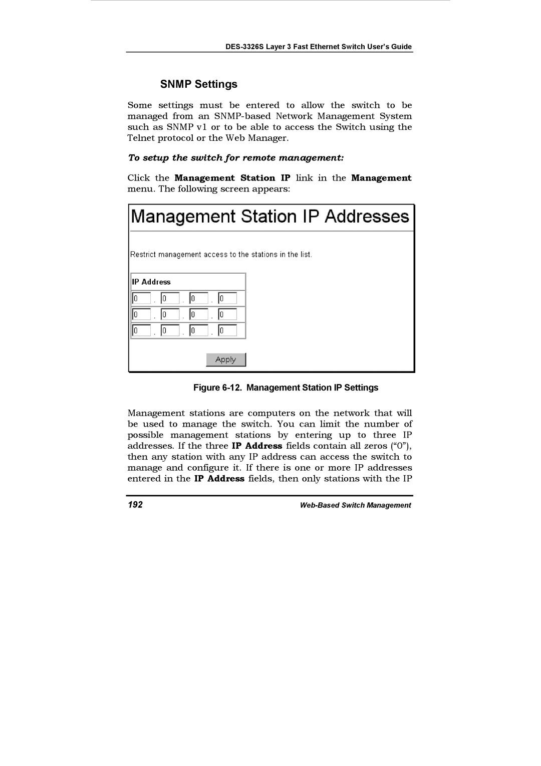 D-Link DES-3326S manual Snmp Settings, To setup the switch for remote management, 192 