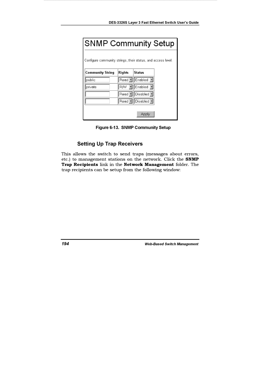 D-Link DES-3326S manual Setting Up Trap Receivers, 194 