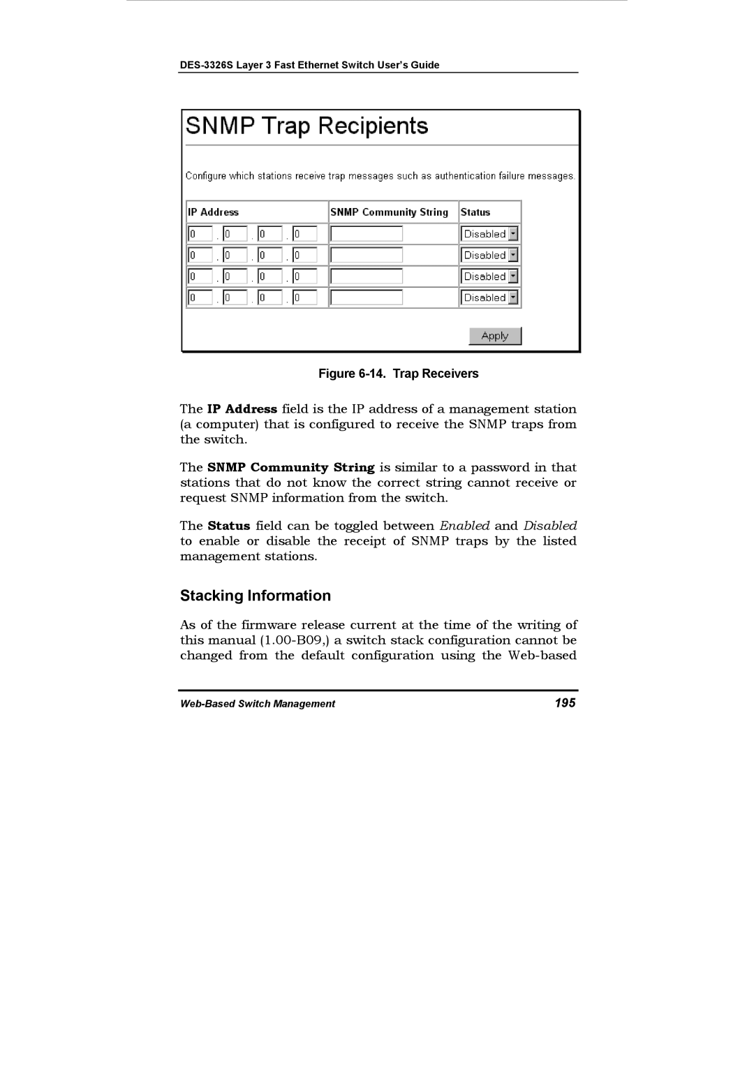 D-Link DES-3326S manual Stacking Information, 195 