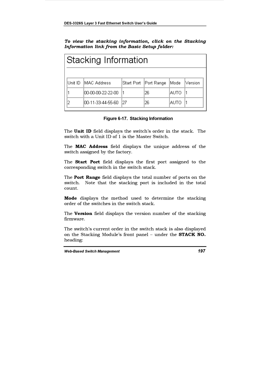 D-Link DES-3326S manual Stacking Information, 197 