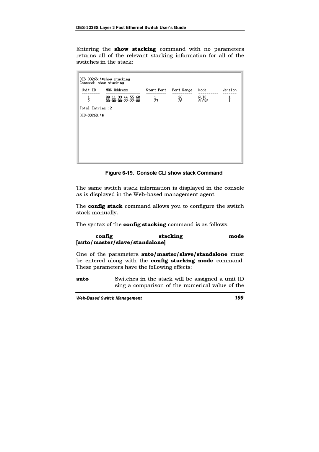 D-Link DES-3326S manual Console CLI show stack Command, 199 