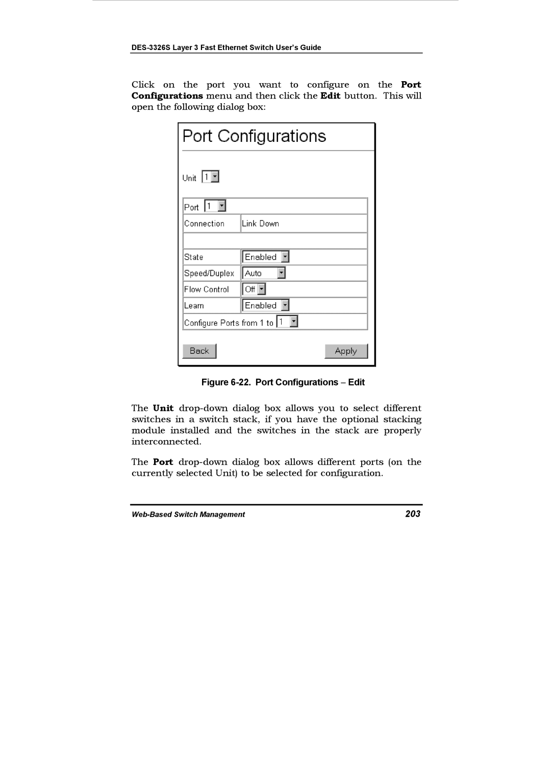 D-Link DES-3326S manual Port Configurations − Edit, 203 