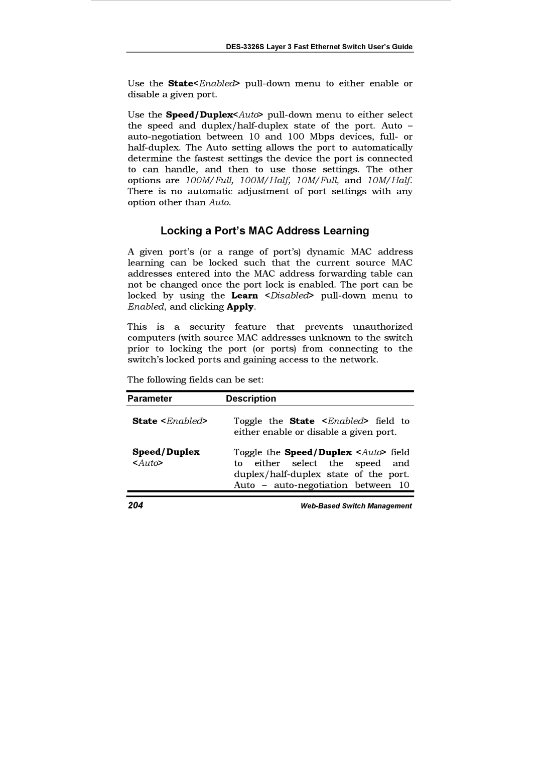 D-Link DES-3326S manual Locking a Port’s MAC Address Learning, Speed/Duplex Toggle the Speed/Duplex Auto field, 204 