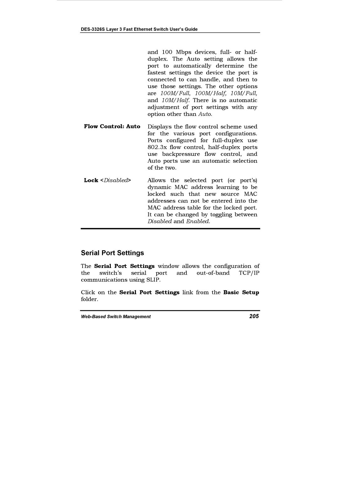 D-Link DES-3326S manual Serial Port Settings, 205 