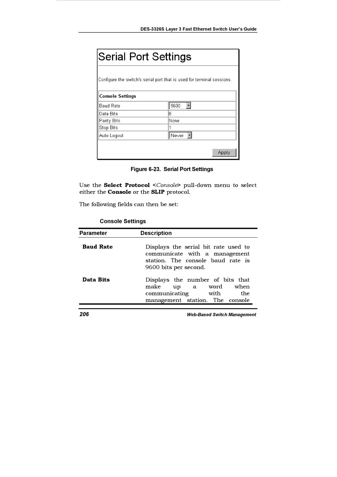 D-Link DES-3326S manual Baud Rate, Data Bits, 206 