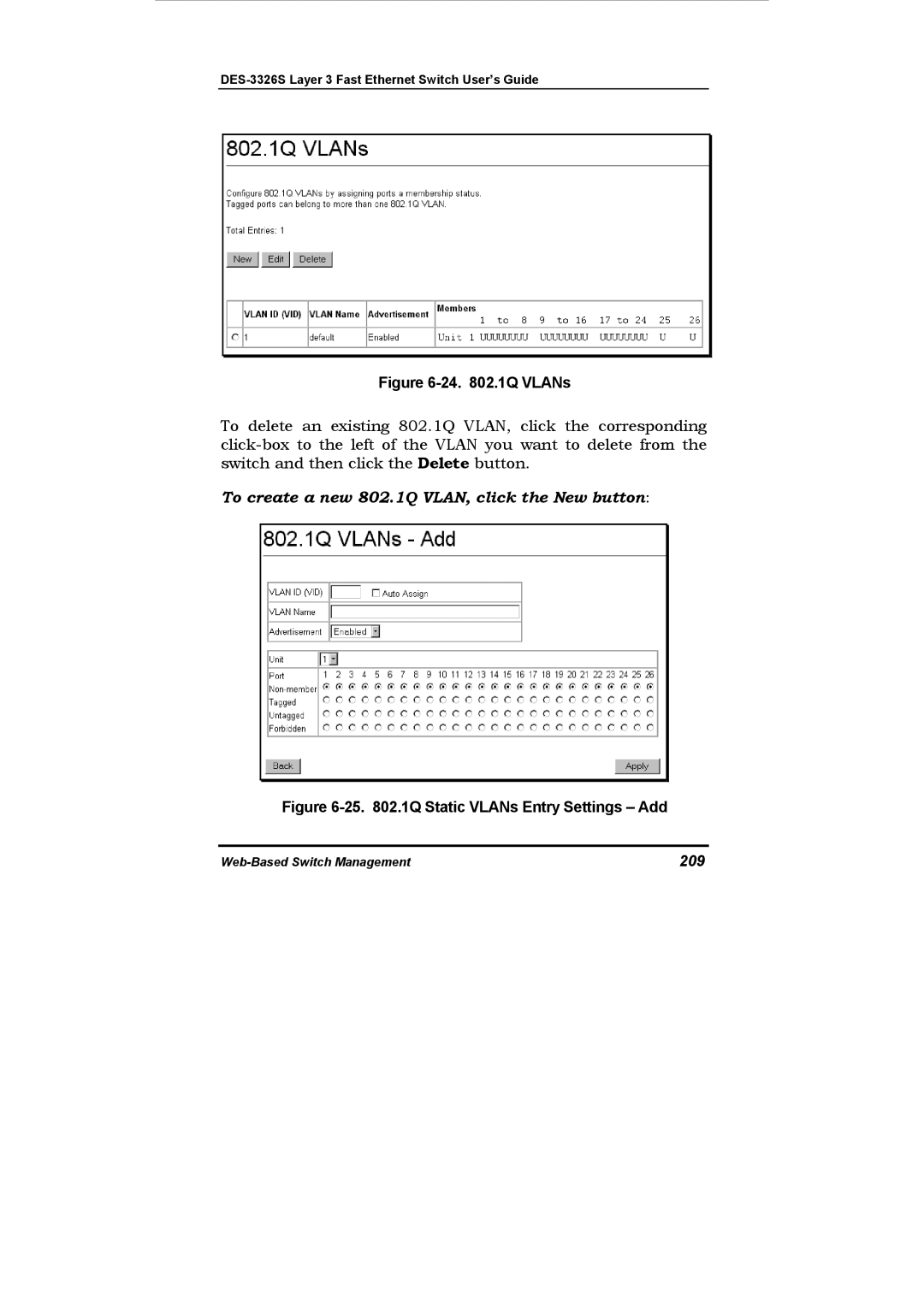 D-Link DES-3326S manual To create a new 802.1Q VLAN, click the New button, 209 