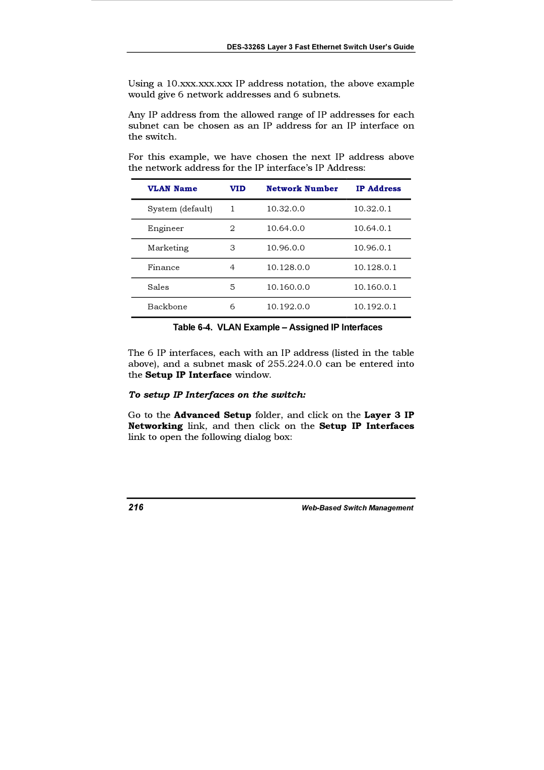 D-Link DES-3326S manual To setup IP Interfaces on the switch, 216 