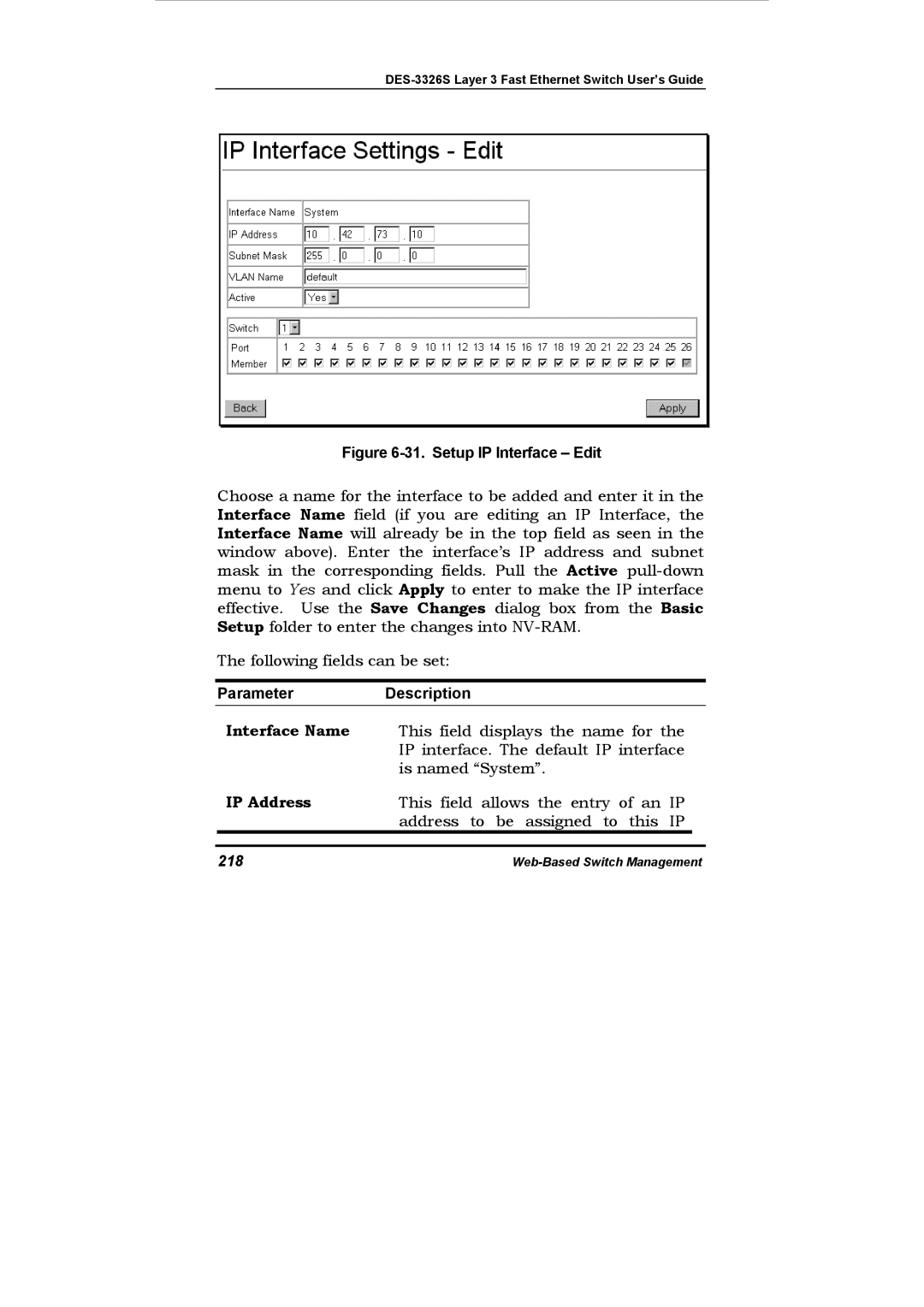 D-Link DES-3326S manual Interface Name, IP Address, 218 