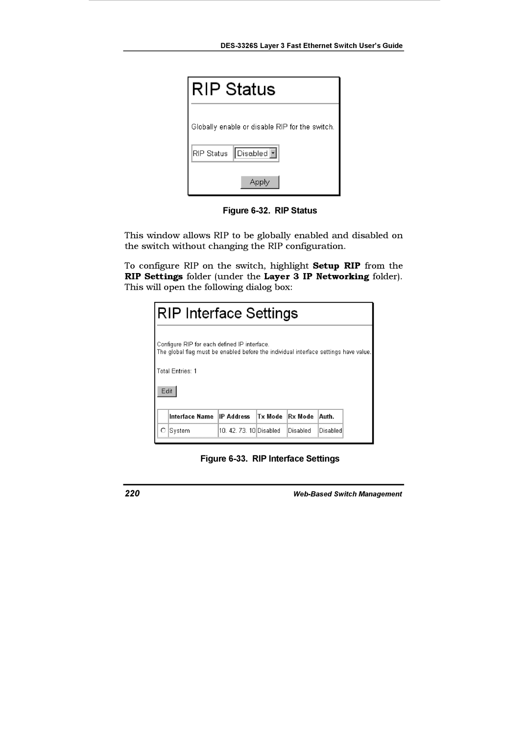 D-Link DES-3326S manual RIP Status, 220 