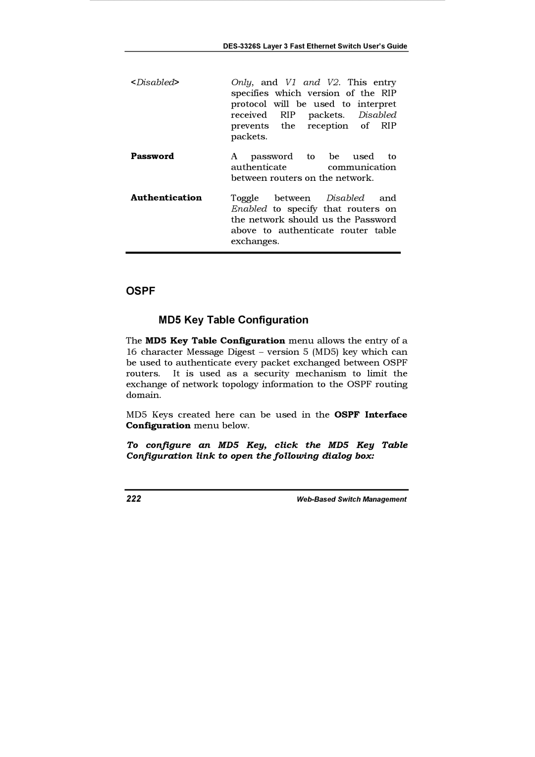 D-Link DES-3326S manual MD5 Key Table Configuration, 222 