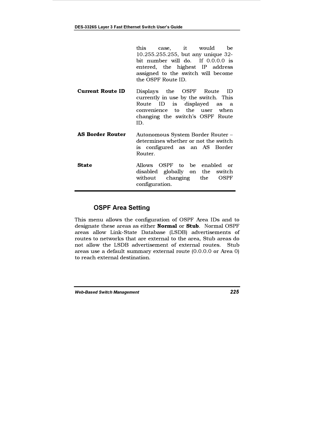 D-Link DES-3326S manual Ospf Area Setting, Current Route ID AS Border Router, State, 225 