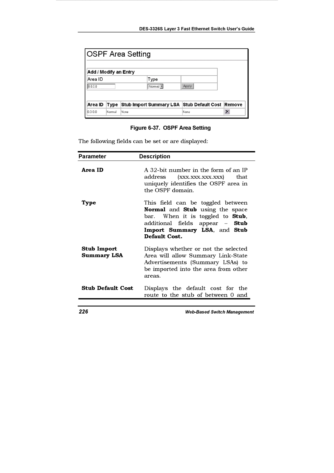 D-Link DES-3326S manual Area ID, Type, Import Summary LSA , and Stub, Default Cost Stub Import, Stub Default Cost 