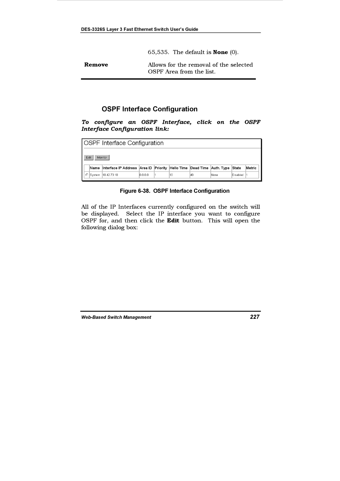 D-Link DES-3326S manual Ospf Interface Configuration, Remove, 227 