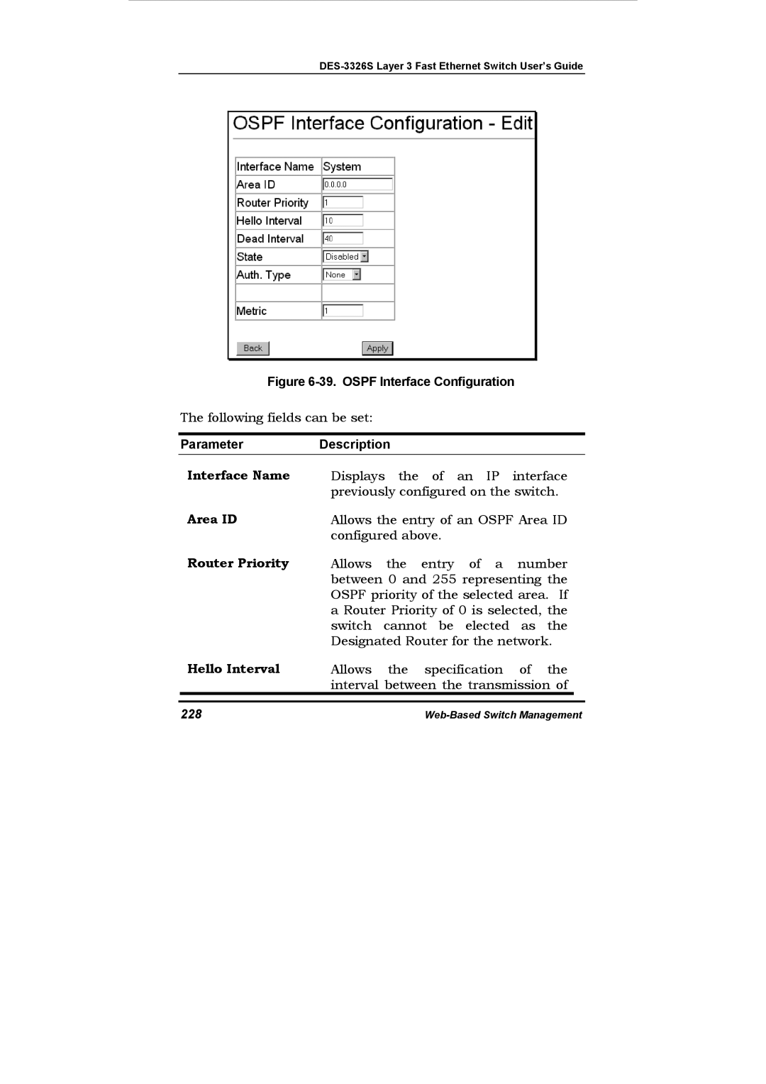 D-Link DES-3326S manual Router Priority, Hello Interval, 228 