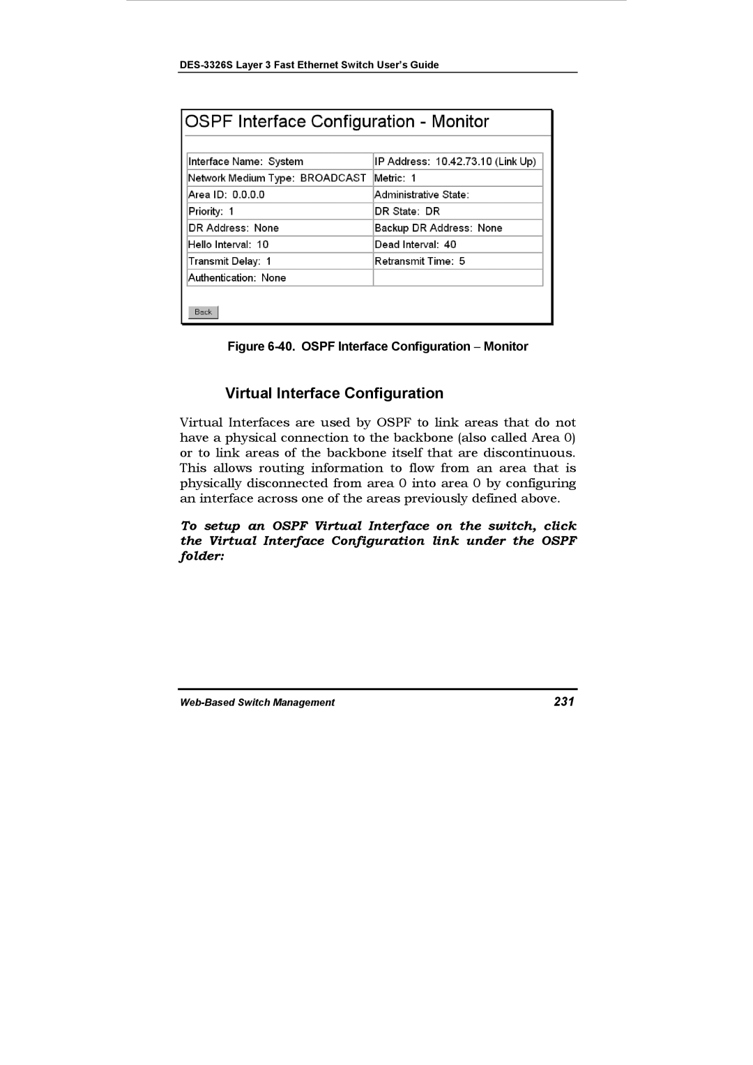 D-Link DES-3326S manual Virtual Interface Configuration, 231 