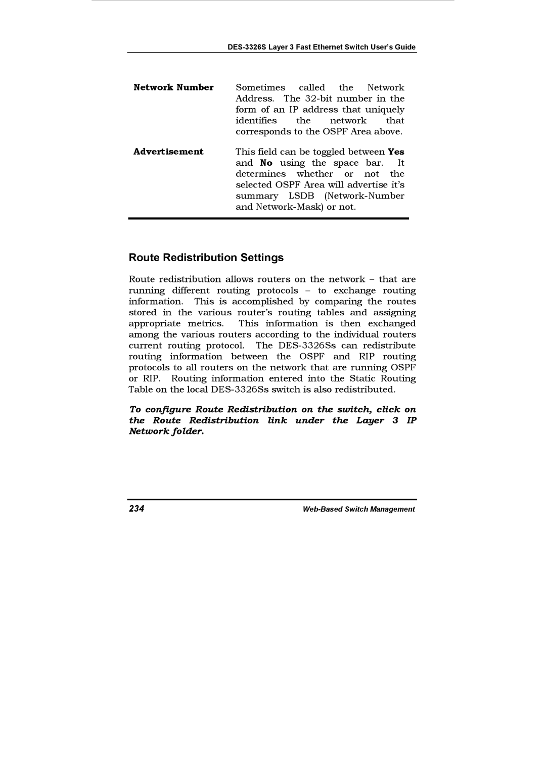 D-Link DES-3326S manual Route Redistribution Settings, 234 