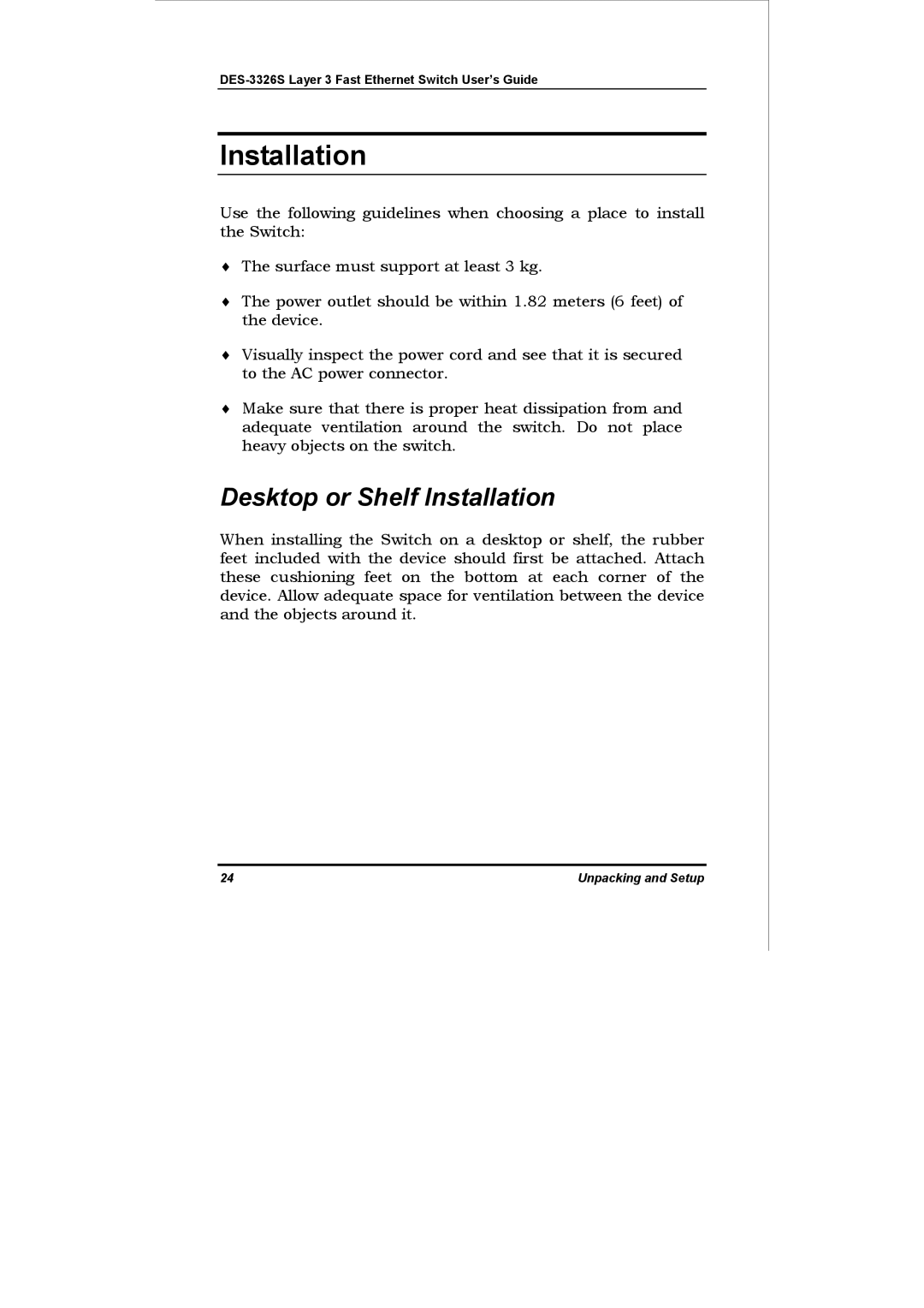 D-Link DES-3326S manual Desktop or Shelf Installation 