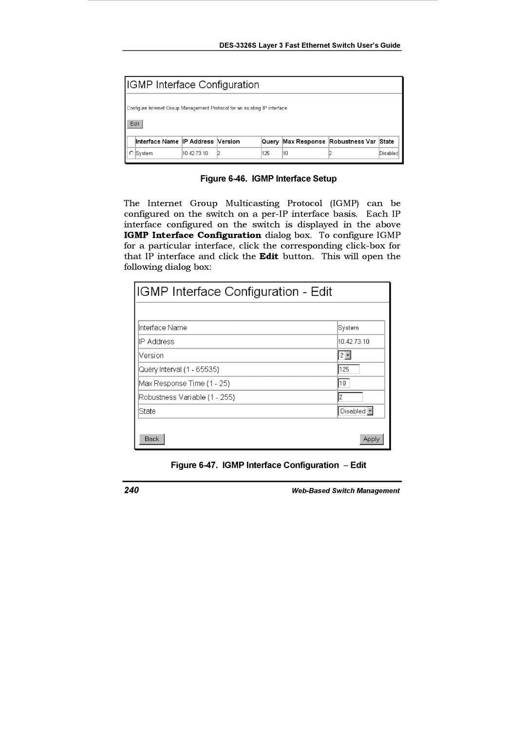 D-Link DES-3326S manual Igmp Interface Setup, 240 